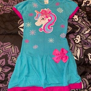 Winter Unicorn Girls Dress with Pink Fur